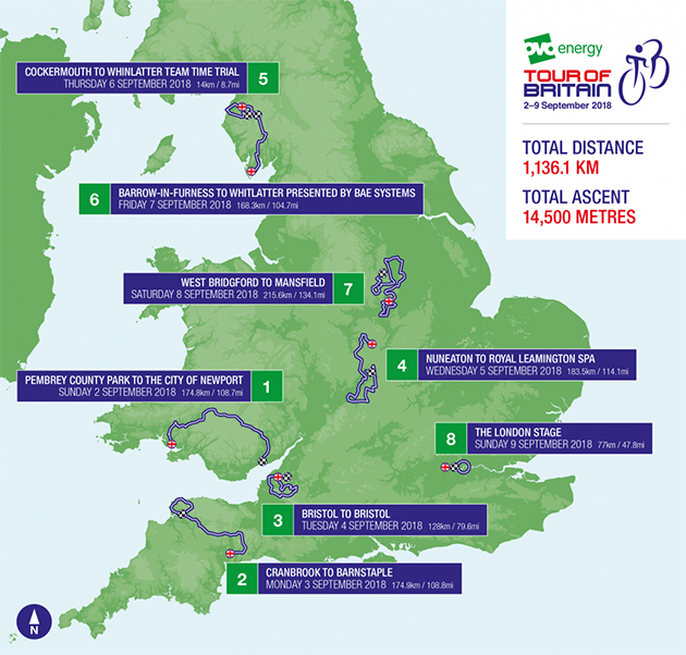 2018 Tour of Britain map